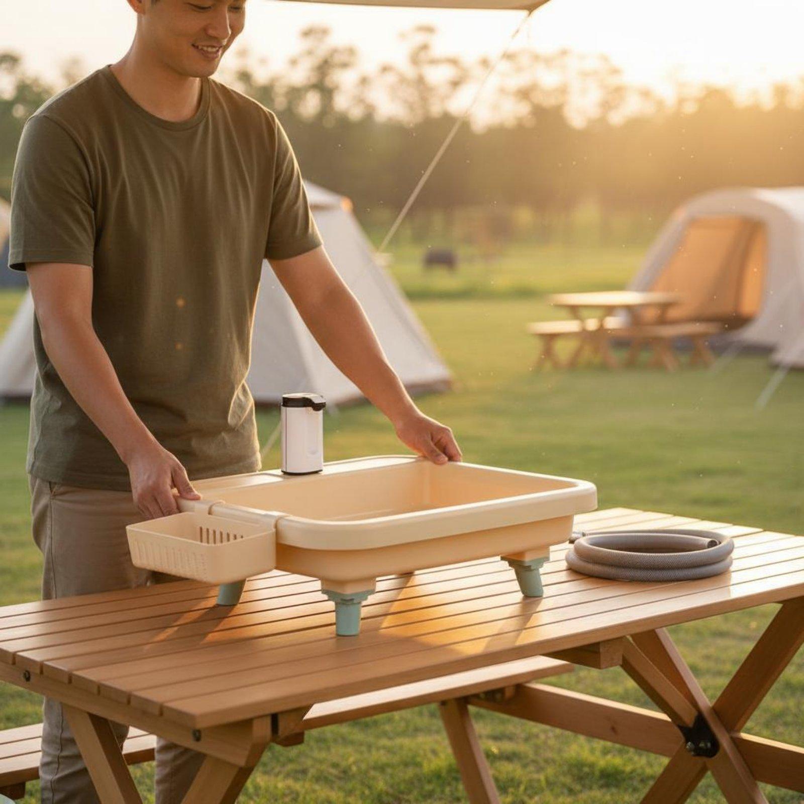 Camping - อ่างล้างมือแบบพกพาสำหรับการตั้งแคมป์พร้อมก๊อกน้ำในตัวและโหมดตั้งเวลาสำหรับสถานีล้างมือในการผจญภัยกลางแจ้ง