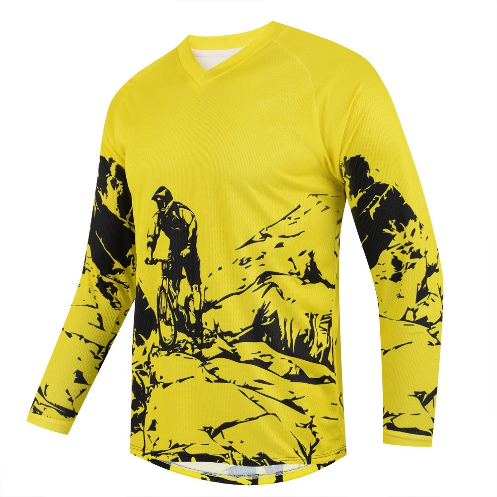 Cycling - เสื้อยืดแขนยาวพิมพ์ลายจักรยานเสือภูเขาสำหรับผู้ชาย ระบายอากาศได้ดี คอวี เหมาะสำหรับปั่นจักรยาน ออกกำลังกาย และสวมใส่ในชีวิตประจำวัน