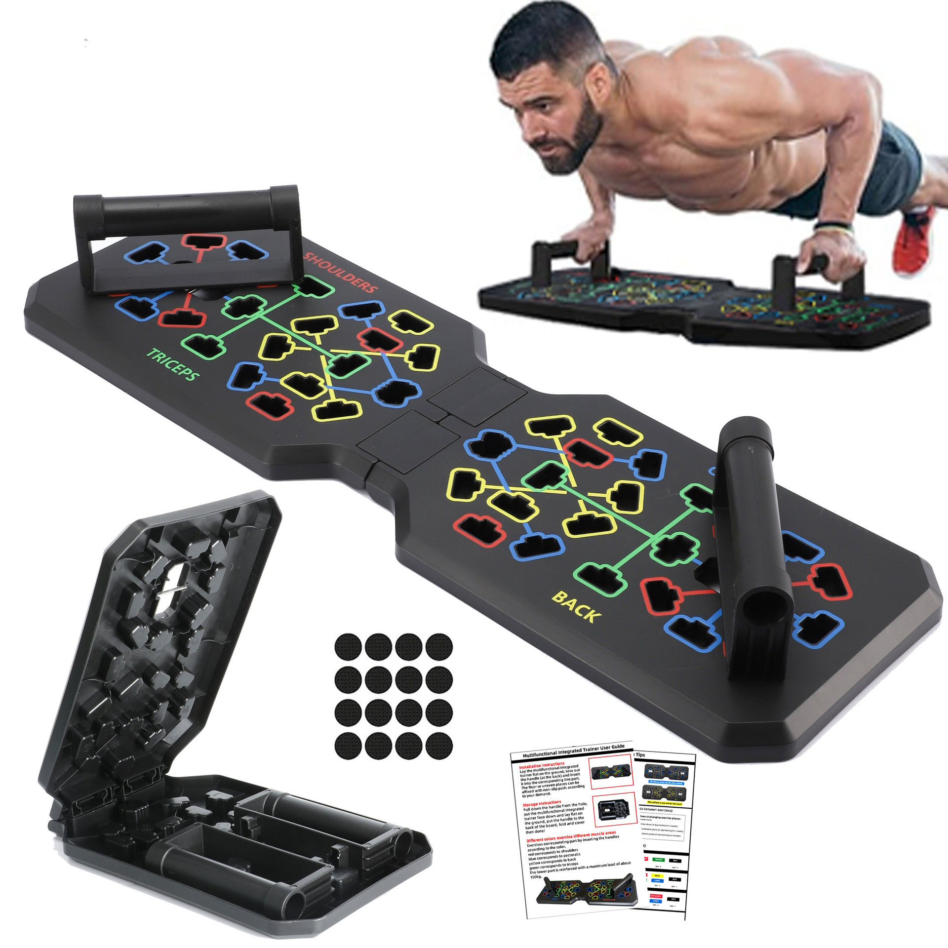Push Up Board Foldable Multi Function - ระบบบอร์ดวิดพื้นแบบพับได้, แท่นวิดพื้นแบบมัลติฟังก์ชันพร้อมรหัสสี, อุปกรณ์ฝึกกล้ามเนื้อหน้าอก ไหล่ ไตรเซปส์ และหลังแบบพกพาสำหรับออกกำลังกายที่บ้าน