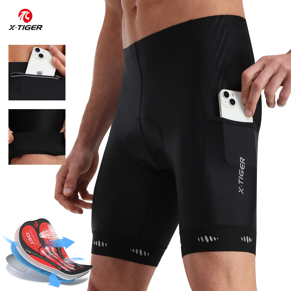 Padded Cycling Shorts 5D Gel - กางเกงขาสั้น X-TIGER ขี่จักรยานของผู้ชายกางเกงขาสั้นจักรยานมีกระเป๋าด้านหลัง5D เจลบุนวมสำหรับผู้ชายกางเกงปั่นจักรยานเสือภูเขา