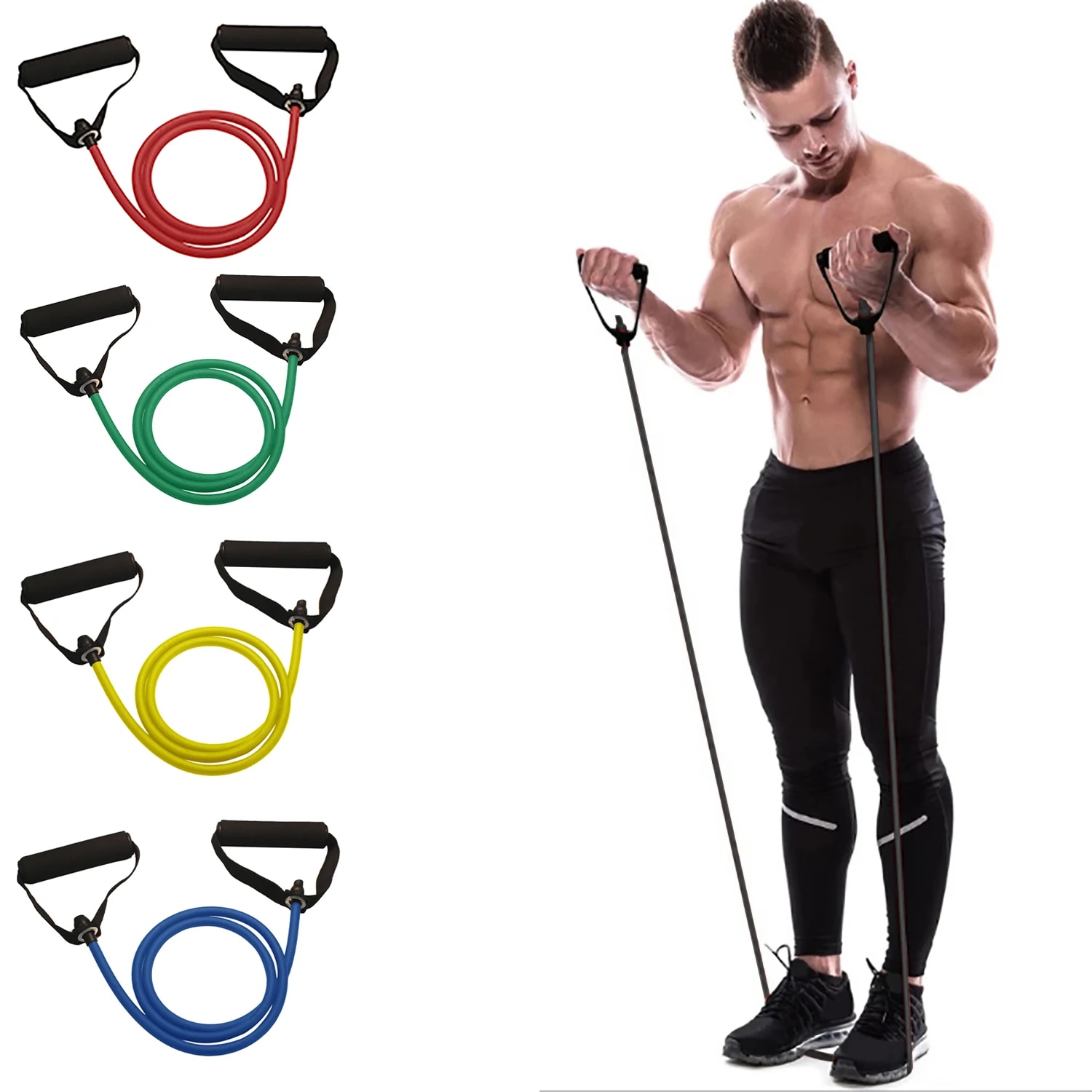 Resistance Bands Set With Handles - วงต้านทานพร้อมด้ามจับ, วงออกกําลังกาย, วงออกกําลังกายพร้อมด้ามจับสําหรับผู้ชายผู้หญิง, อุปกรณ์ฝึกความแข็งแกร่งที่บ้าน