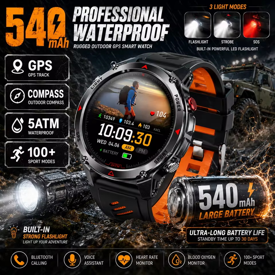 Resistance Bands Set With Handles - ทหาร 540mAh GPS สมาร์ทวอทช์ 3ATM กันน้ำหน้าจอ