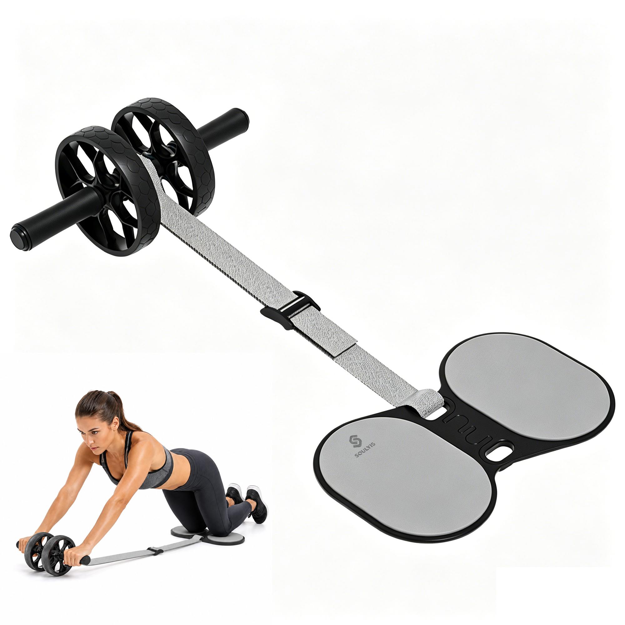 Ab Roller Wheel With Elbow Support - ลูกกลิ้งบริหารหน้าท้องแบบสองล้อพร้อมที่รองข้อศอกและสายยางยืด อุปกรณ์ออกกำลังกายหน้าท้องแบบเงียบกันลื่น อุปกรณ์ฝึกกล้ามเนื้อแกนกลางลำตัว เชือกยางยืดปรับระดับได้ สำหรับออกกำลังกายที่บ้าน ฟิตเนสทั่วร่างกาย