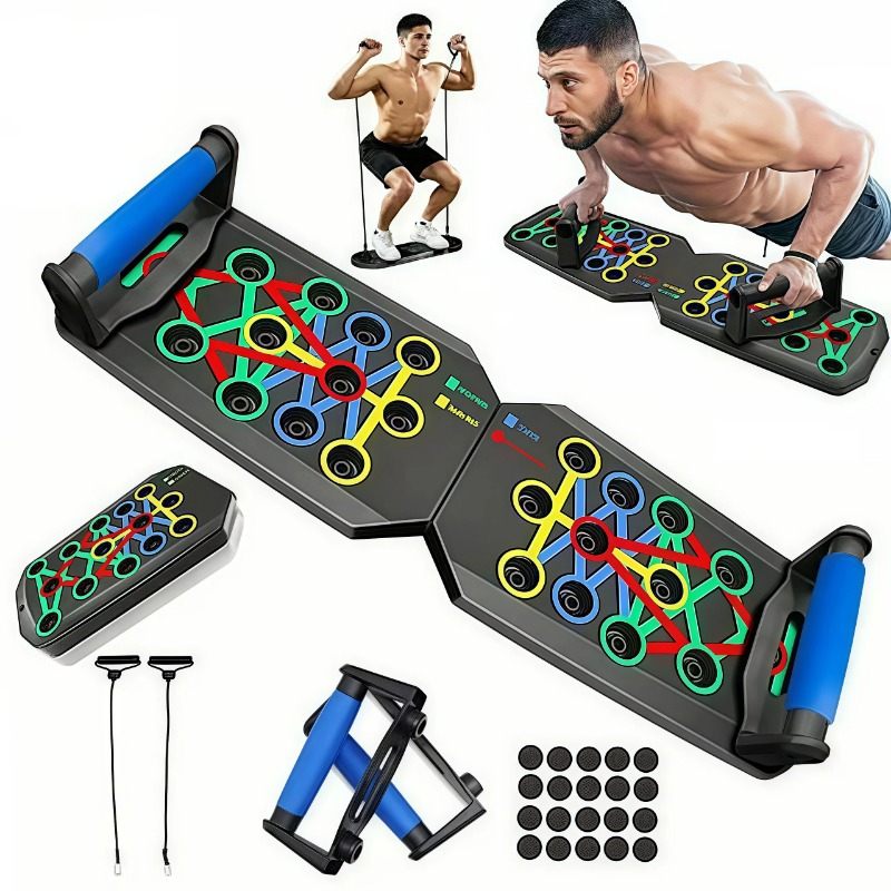 Push Up Board Foldable Multi Function - บอร์ดวิดพื้นแบบพับได้พร้อมสายยางยืด, บาร์วิดพื้นอเนกประสงค์, อุปกรณ์ออกกำลังกายแบบพกพาสำหรับใช้ในบ้าน, ระบบฝึกกล้ามเนื้อหน้าอก หลัง ไหล่